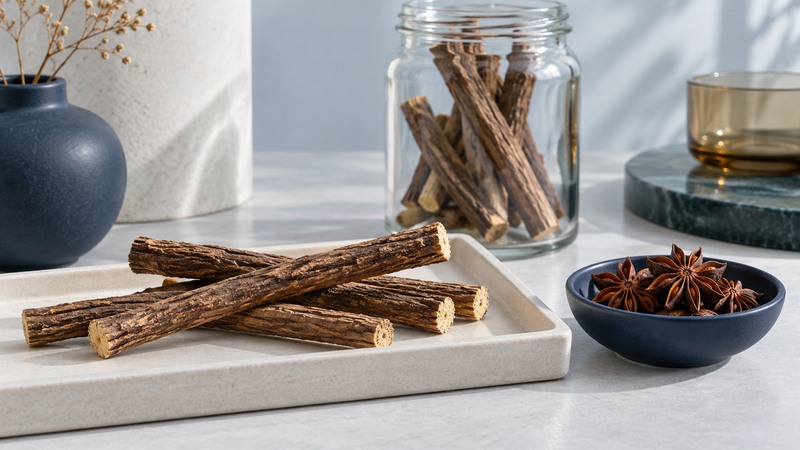 Dried licorice root sticks on an ivory tray with a separate navy bowl of star anise.
