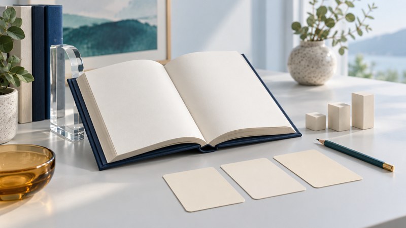 An open blank book, three note cards, a teal pencil, and three ivory blocks on a pale desk.