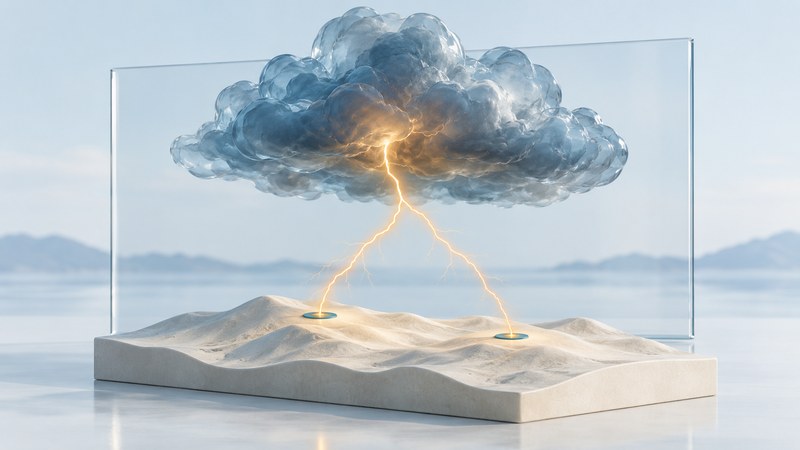 An amber lightning channel forks from a glass thundercloud to two separated contacts on an ivory landscape.