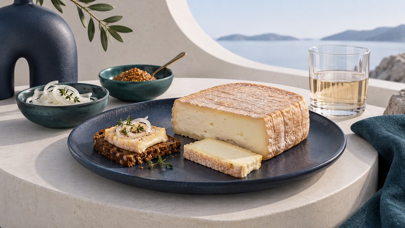 A rectangular washed-rind cheese with creamy interior beside a small rye tasting, onion and mustard.
