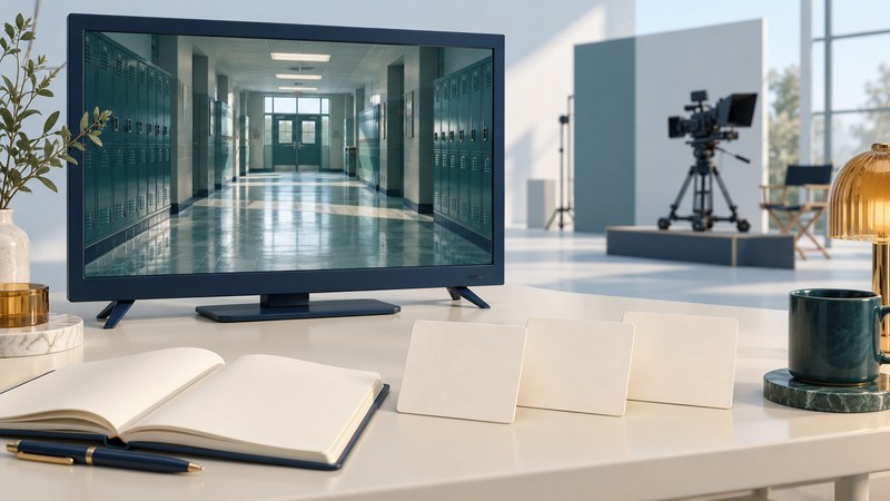 A television showing an empty school corridor beside three blank episode cards and a notebook.