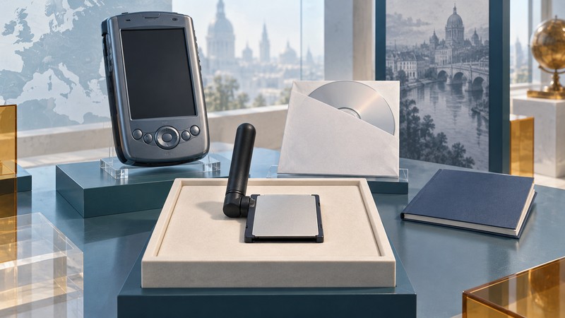 Conceptual wireless expansion card beside a Pocket PC, installation disc and documentation.