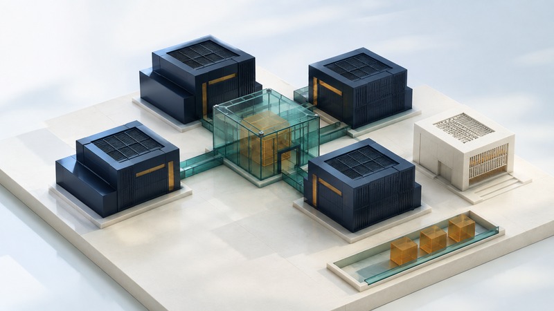 Four navy compute pavilions connect through teal channels to a central glass hall, beside separate storage and an amber workload queue.