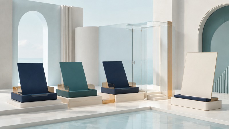 Blank navy and teal editorial panels in separate trays lead through a glass doorway to an ivory publication panel.