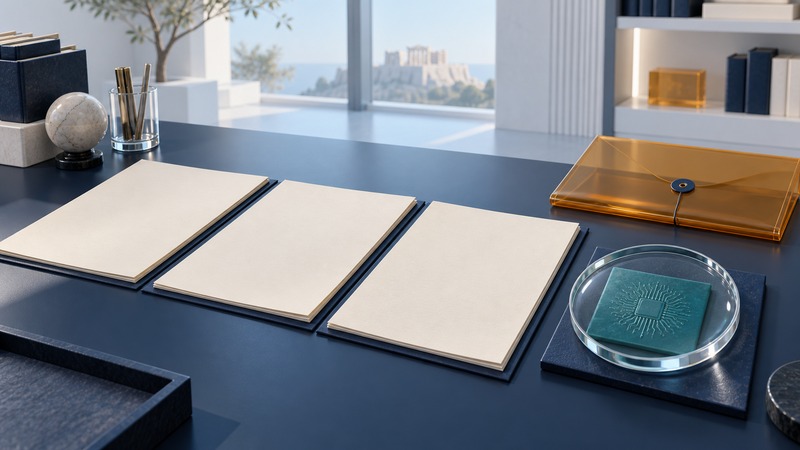 Blank archival folios and a separate amber document sleeve rest beside a magnifying frame over a teal evidence tile.