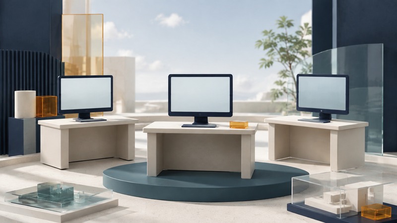 Three blank-screen navy desktop monitors on ivory desks, with the central workstation on a teal pilot platform.