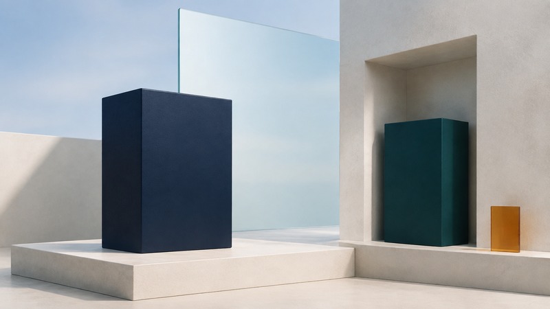 A navy architectural block on an ivory foundation, with a matching teal block retained in a separate recovery alcove.
