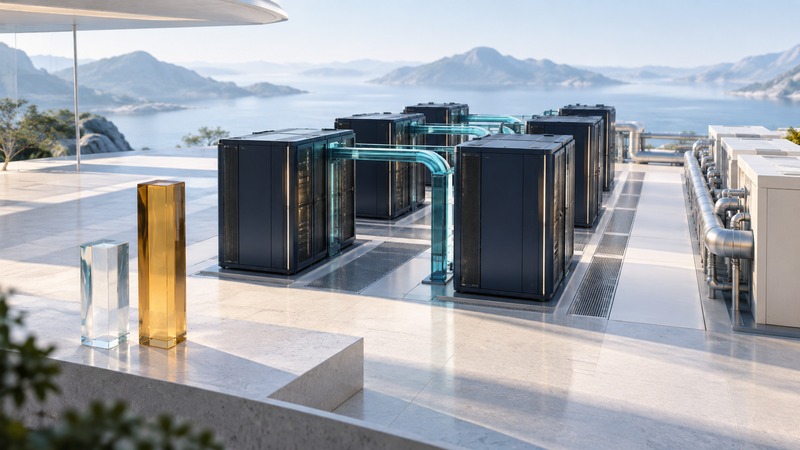 Six navy computing cabinets form a campus with teal connections and separate glass and amber measuring columns.