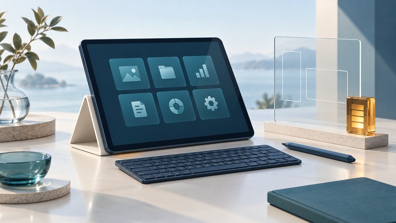 A tablet with abstract application tiles stands beside a keyboard, stylus and portrait and landscape outlines.