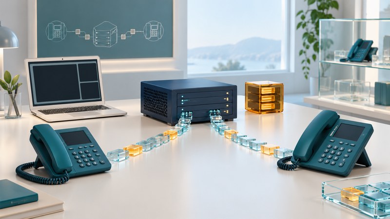 Two teal phones connect by glass packet paths to a navy server beside a laptop and amber backup block.