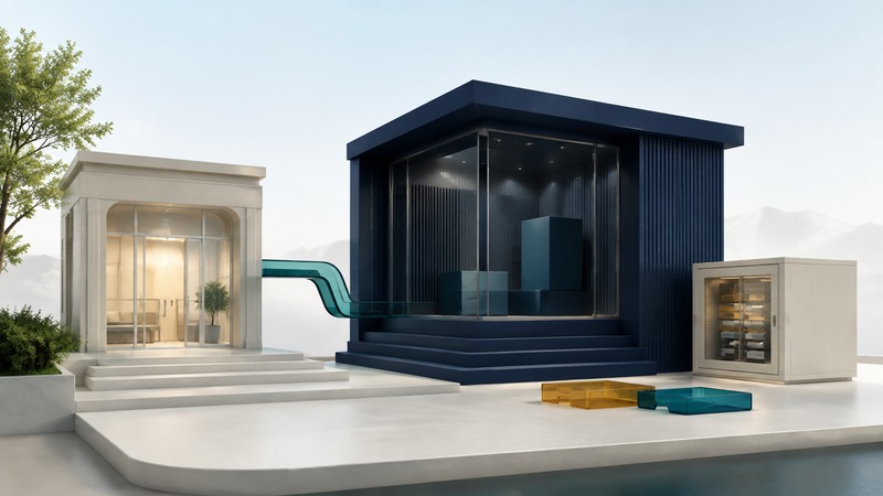 An ivory public entrance linked to a navy application pavilion, with a separate storage cabinet and two deployment trays.