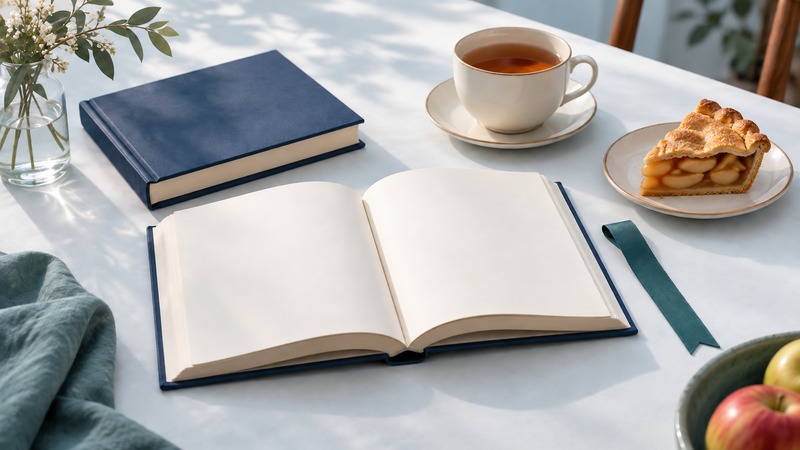 A blank open book, tea, apple pie and a whole apple arranged on a calm navy and ivory tabletop.