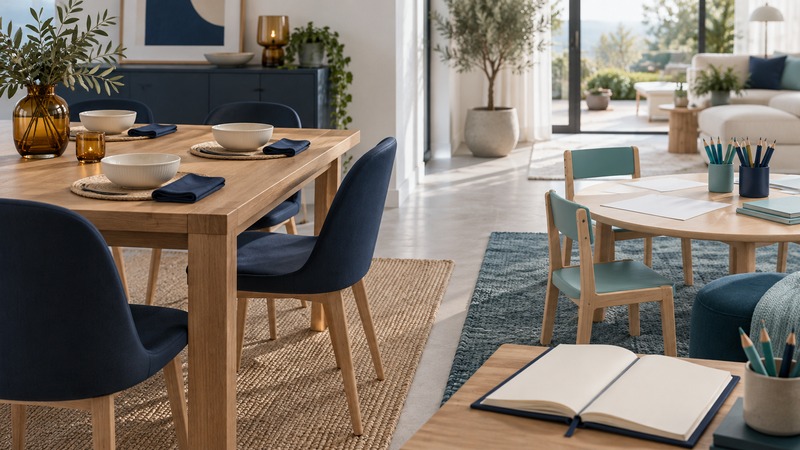 A dining table with three place settings stands beside a separate drawing table, with a blank planner in the foreground.