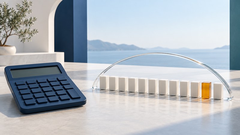 A navy calculator sits beside a sequence of ivory payment blocks beneath a clear glass arch.