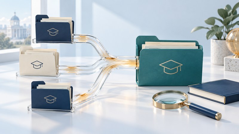 Three education folders connect through transparent channels into one teal folder beside a magnifying glass.
