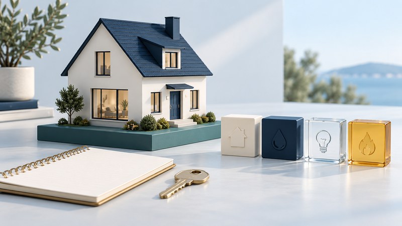 An ivory house with a navy roof sits beside household-cost blocks, a notebook and a key.
