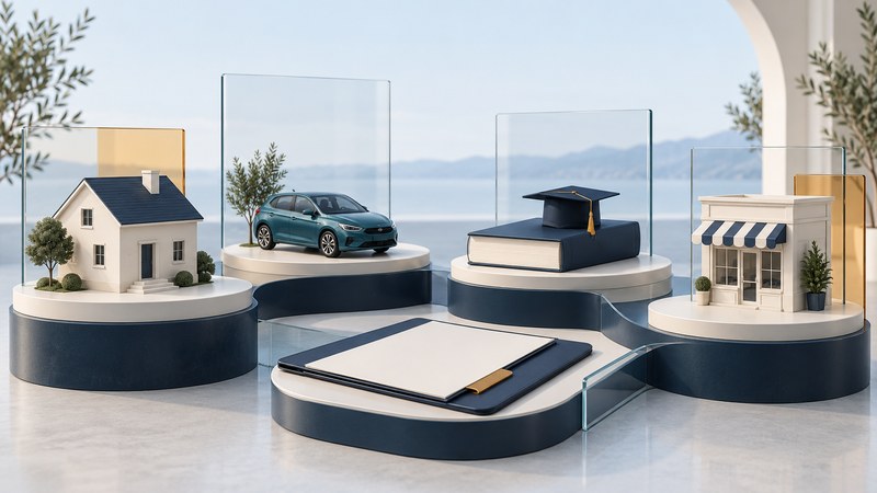 Miniature house, car, education book and shop on separate platforms around a document folder.