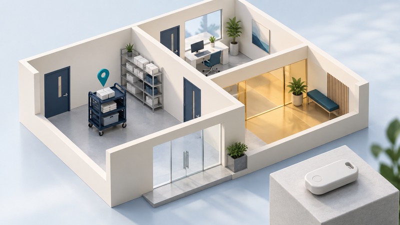 A miniature room layout shows an asset cart and a conceptual location marker beside a sample tag.