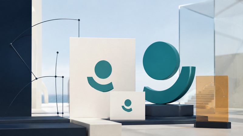 An abstract teal circle-and-arc mark appears at different sizes beside vector control points.