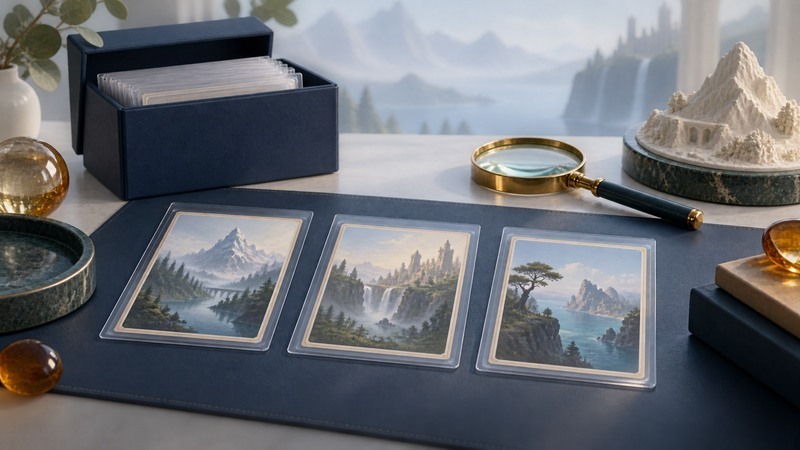Three fantasy landscape cards in clear sleeves lie beside a magnifier, navy storage box and miniature mountain.