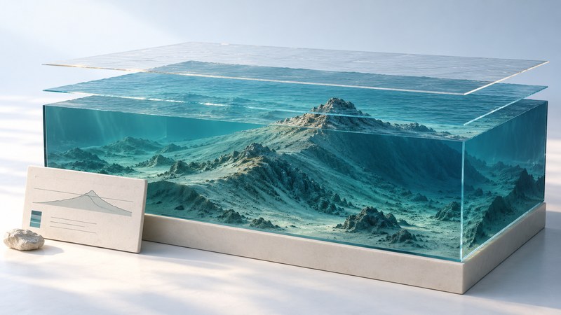 A conceptual submerged ridge sits beneath transparent water and two glass planes, beside a profile card.