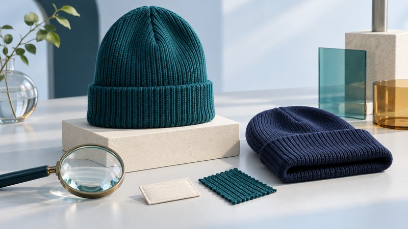 Teal and navy knit beanies sit beside a blank patch, fabric swatch and magnifying lens.