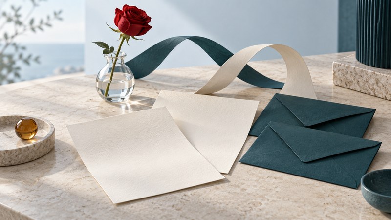 Two ivory sheets, teal envelopes, and a red rose on a sunlit writing table.