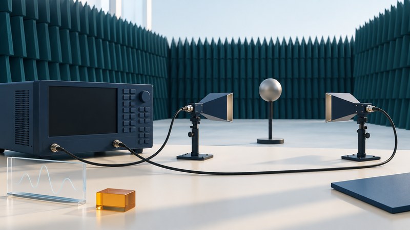 A generic network analyzer, two horn antennas, metal sphere and glass waveform panel in a stylized laboratory.