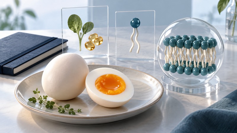 Whole and halved eggs beside an abstract teal phospholipid model, glass comparison panels and a navy notebook.