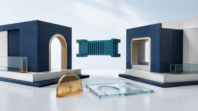 Navy and ivory modules with different openings face a teal bridge adapter, beside a glass template and amber gauge.
