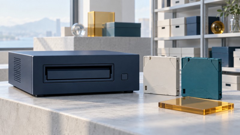 A navy tape drive sits beside two closed cartridges and an amber catalog tile.