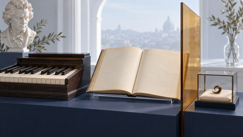 A keyboard, blank manuscript, Beethoven-inspired bust, and a small specimen case separated by amber glass.