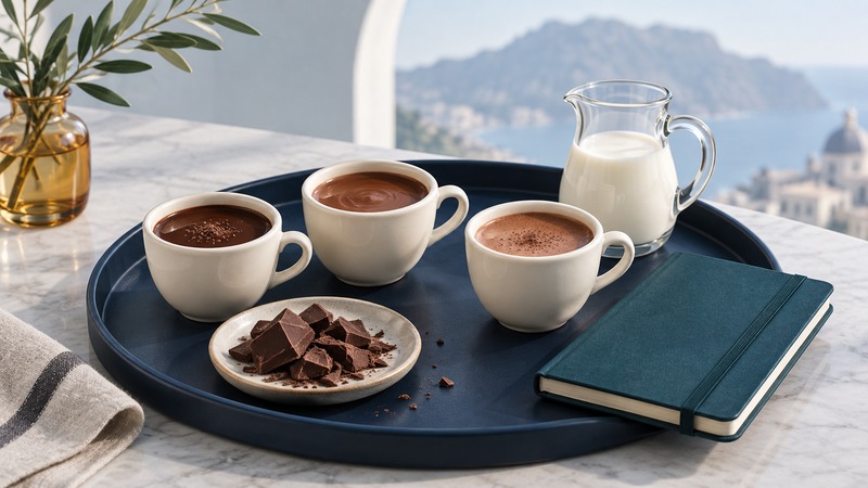 Three small cups of drinking chocolate on a navy tray beside chopped chocolate, milk and a teal tasting notebook.