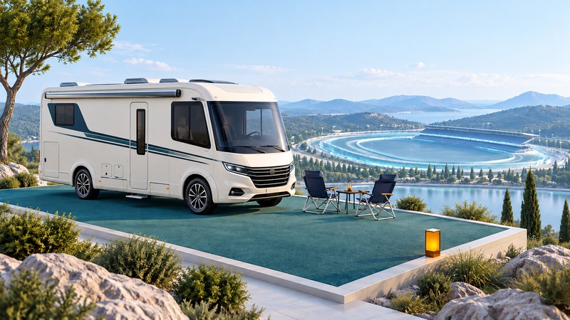 An ivory motorhome and two chairs on a campsite platform overlooking a conceptual race circuit.