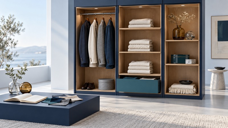 A navy and wood wardrobe contains hanging jackets, folded sweaters, shelves, and a teal drawer beside planning samples.