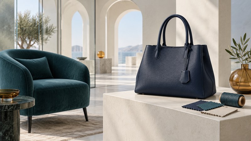 A stitched navy handbag beside material swatches, thread and a teal chair in an ivory architectural setting.