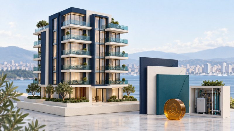 A miniature condominium building stands beside document folios, an amber token and a building-services model.