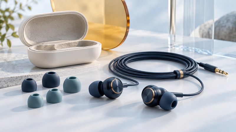 Navy wired earphones, spare silicone tips and an open ivory carrying case on a pale surface.