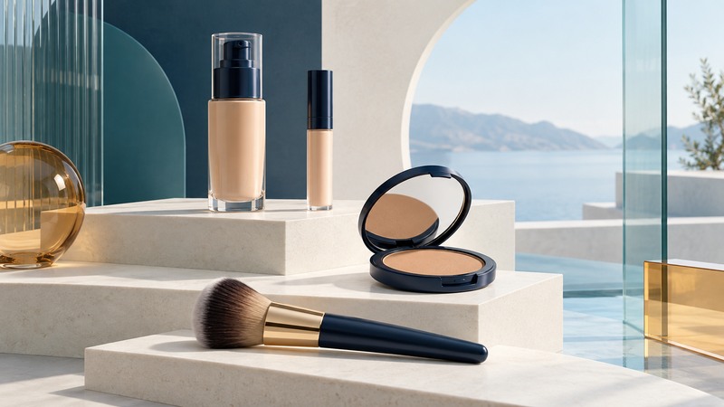 A generic foundation bottle, concealer tube, powder compact and makeup brush on ivory display steps.