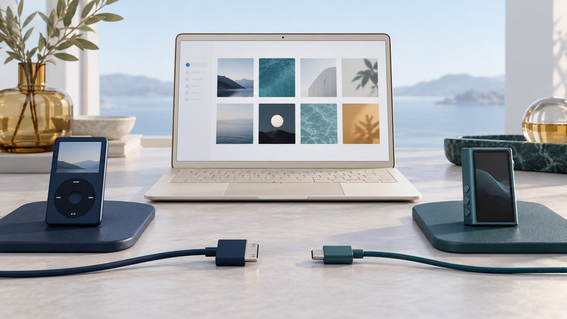 An ivory laptop between two music players with different cables in the foreground.