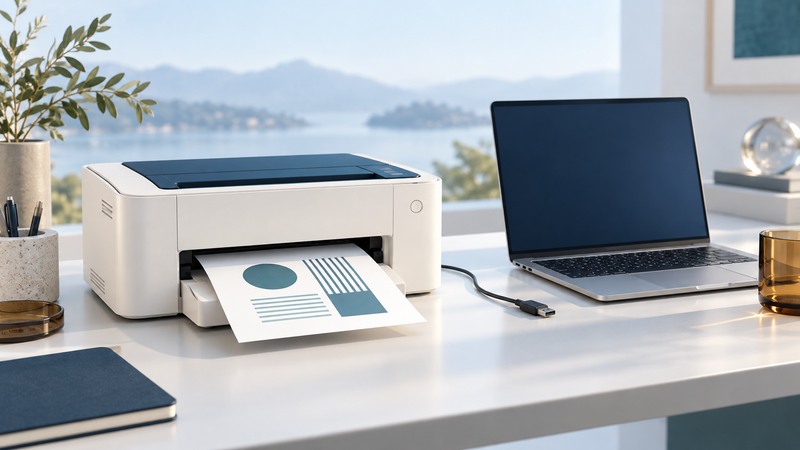 An ivory printer producing a geometric test page beside a slim laptop and a disconnected USB cable.