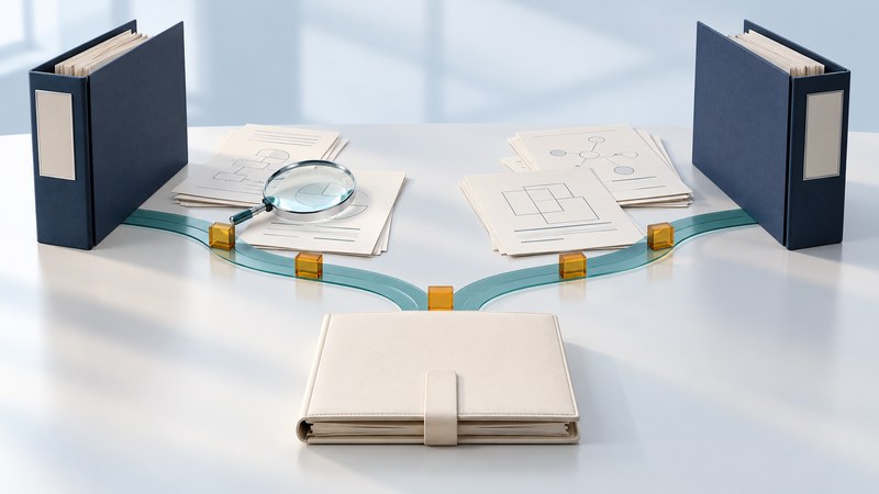 Two navy case folders and document groups connect along glass timeline paths to a closed ivory folio.