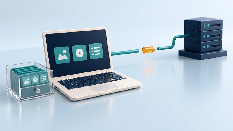 A laptop and drawer of saved application cards remain beside an interrupted connection to a remote server.