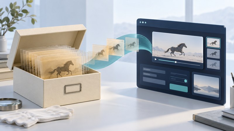 An archival box of animation frames connects by a teal path to a modern browser with media and form controls.