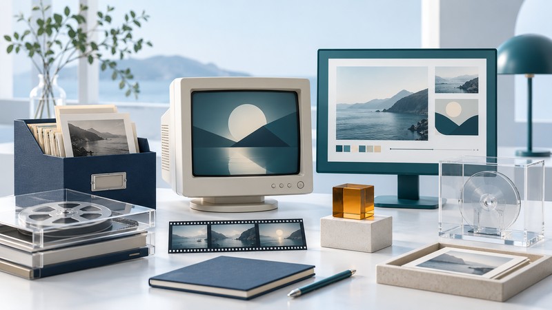 A period-style desktop monitor and modern display stand beside media archives and editable source folders.