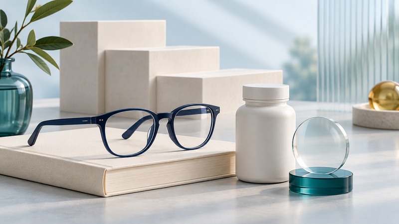 Reading glasses rest on an ivory book beside a plain supplement bottle and a clear lens.