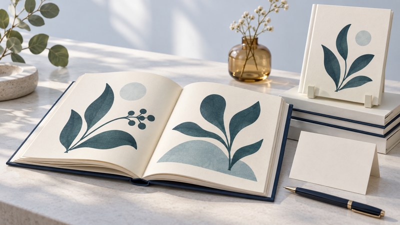 An open book with abstract botanical artwork beside a blank signing card and a navy pen.