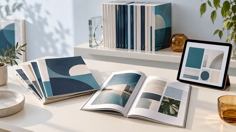 Open and stacked magazines with abstract artwork beside a tablet and a shelf of bound issues.