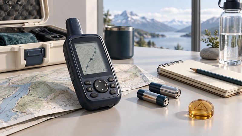 An older navy handheld GPS rests beside a map, batteries, notebook and open storage case.