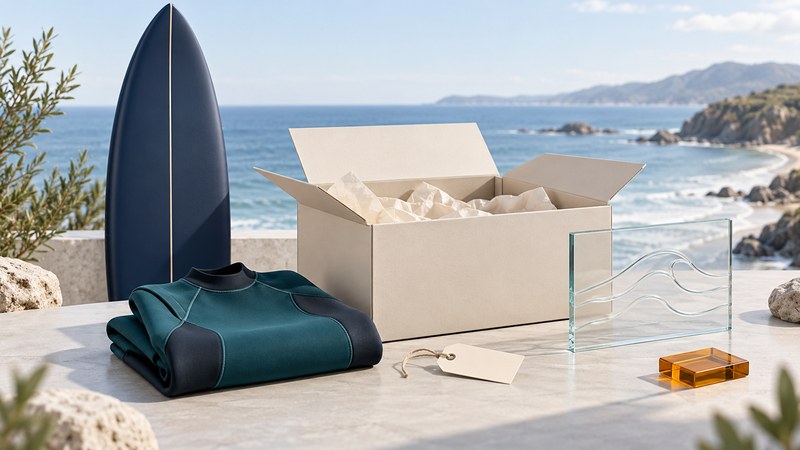 A navy surfboard, teal wetsuit and plain shipping carton sit beside a glass wave panel and an amber evidence tile.